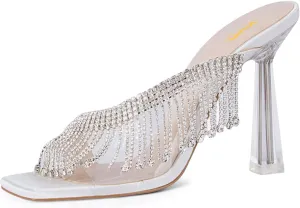XYD Crystal Rhinestones Strap Slides Sandals Transparent PVC Open Square Toe Graceful Satin Embedded Metallic High Heel Dress Party Mule Shoes