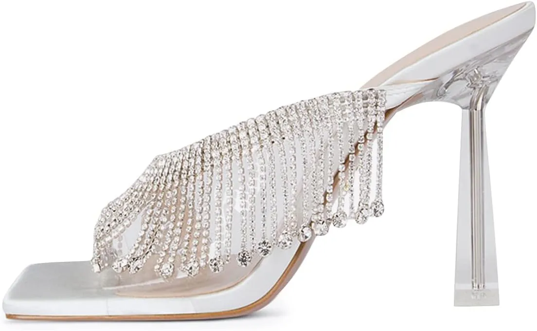 XYD Crystal Rhinestones Strap Slides Sandals Transparent PVC Open Square Toe Graceful Satin Embedded Metallic High Heel Dress Party Mule Shoes