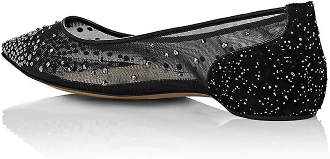 XYD Women Rhinestones Studded Ballet Flats Mesh Rivets Hidden Heels Slip On Pointed Toe Evening Dressy Shoes