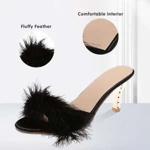 YIBLBOX Women's Round Toe Sandal Fluffy Feather Sexy Slippers Kitten Heeled Slippers