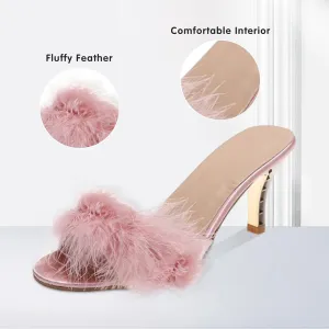 YIBLBOX Women's Round Toe Sandal Fluffy Feather Sexy Slippers Kitten Heeled Slippers