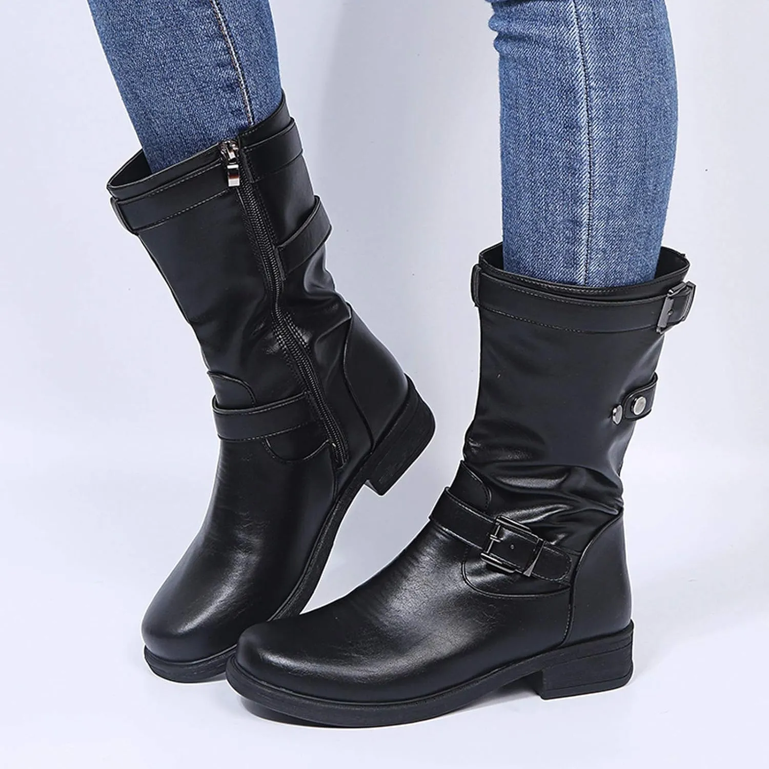 ZBYY Womens Mid Calf Boots Winter Round Toe Flat Low Block Heel Buckle Strap Faux Leather Zipper Riding Booties