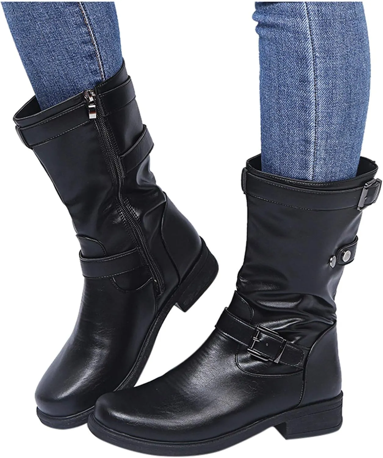 ZBYY Womens Mid Calf Boots Winter Round Toe Flat Low Block Heel Buckle Strap Faux Leather Zipper Riding Booties