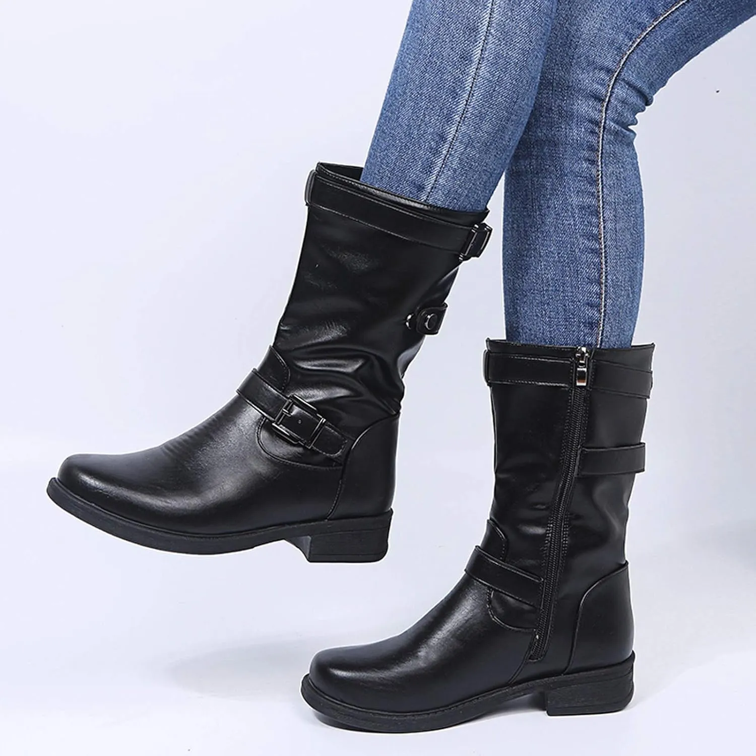 ZBYY Womens Mid Calf Boots Winter Round Toe Flat Low Block Heel Buckle Strap Faux Leather Zipper Riding Booties