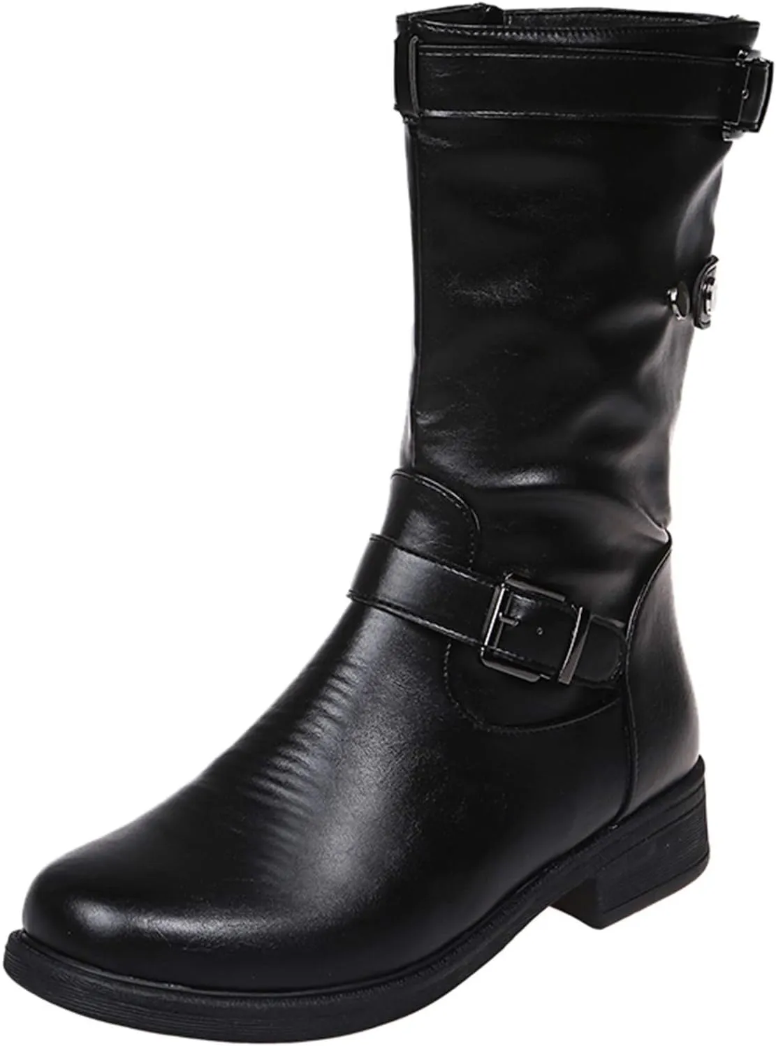 ZBYY Womens Mid Calf Boots Winter Round Toe Flat Low Block Heel Buckle Strap Faux Leather Zipper Riding Booties