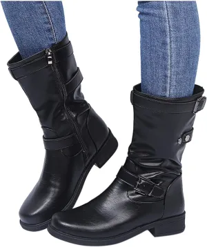 ZBYY Womens Mid Calf Boots Winter Round Toe Flat Low Block Heel Buckle Strap Faux Leather Zipper Riding Booties
