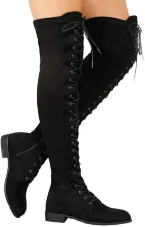 ZBYY Women's Over The Knee Low Heel Lace Up Tall Boots Fashion Side Zipper Thigh High Stretchy Boots Casual Riding Booties