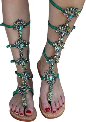ZBYY Women's Rhinestone Flat Sandals,Flip Flops Beadeed Crystal Jeweled Sandal Summer Gladiator Beach Outdoor Dress Sandals