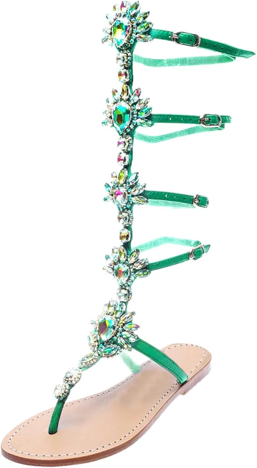 ZBYY Women's Rhinestone Flat Sandals,Flip Flops Beadeed Crystal Jeweled Sandal Summer Gladiator Beach Outdoor Dress Sandals